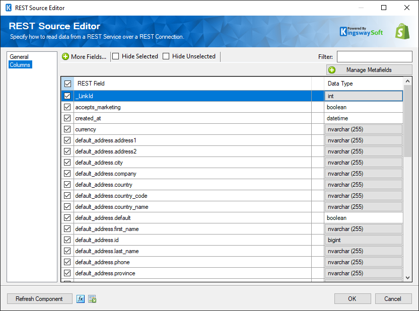 SSIS Shopify REST Destination - Columns